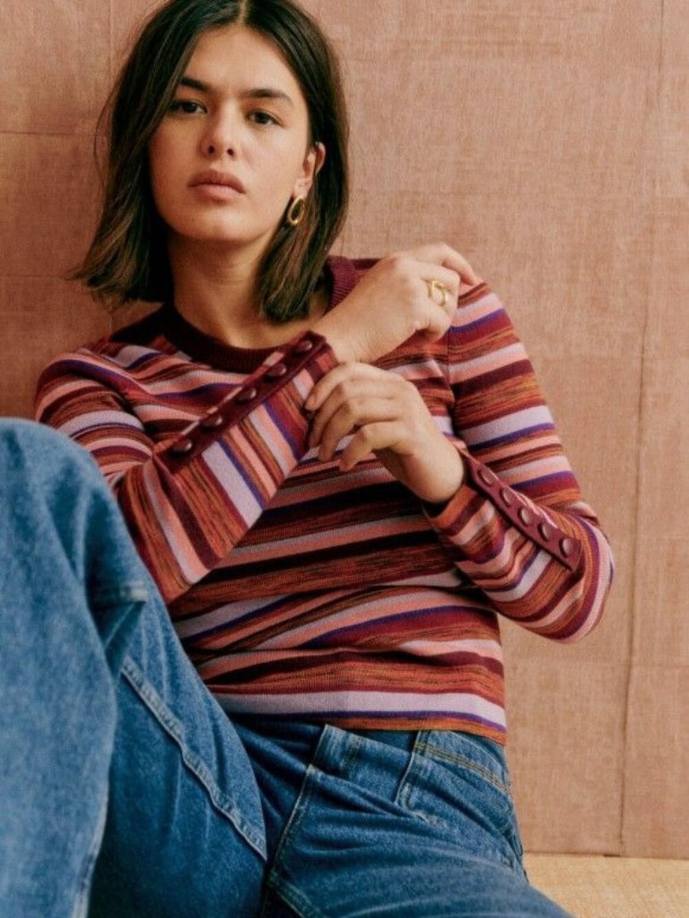 New Sezane Clovis Merino Wool Space Dye Stripe Sweater Red XS